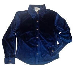 Gianni Versace 90s Royal Blue Velvet Shirt Gold La Medusa Logo Buttons Size M